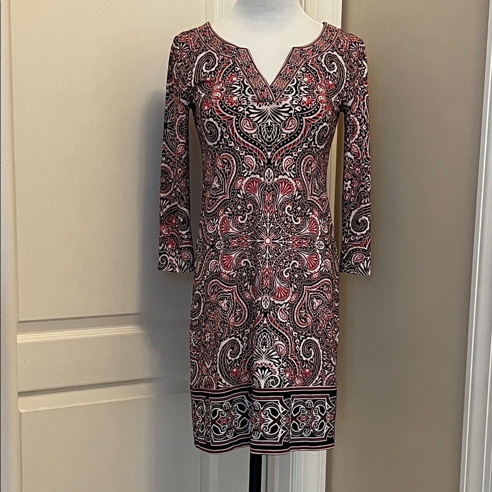 White House Black Market Pink and Black Paisley Long Sleeve Dress